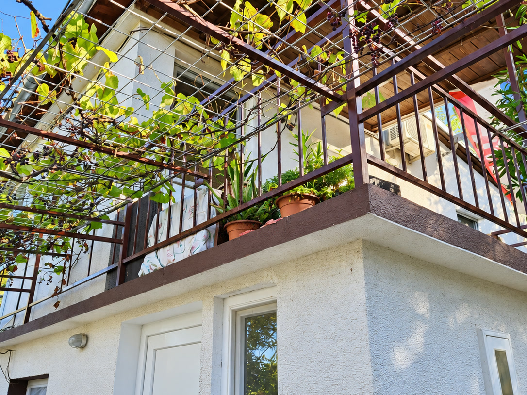 Hus med yttertrappa och vinpergola